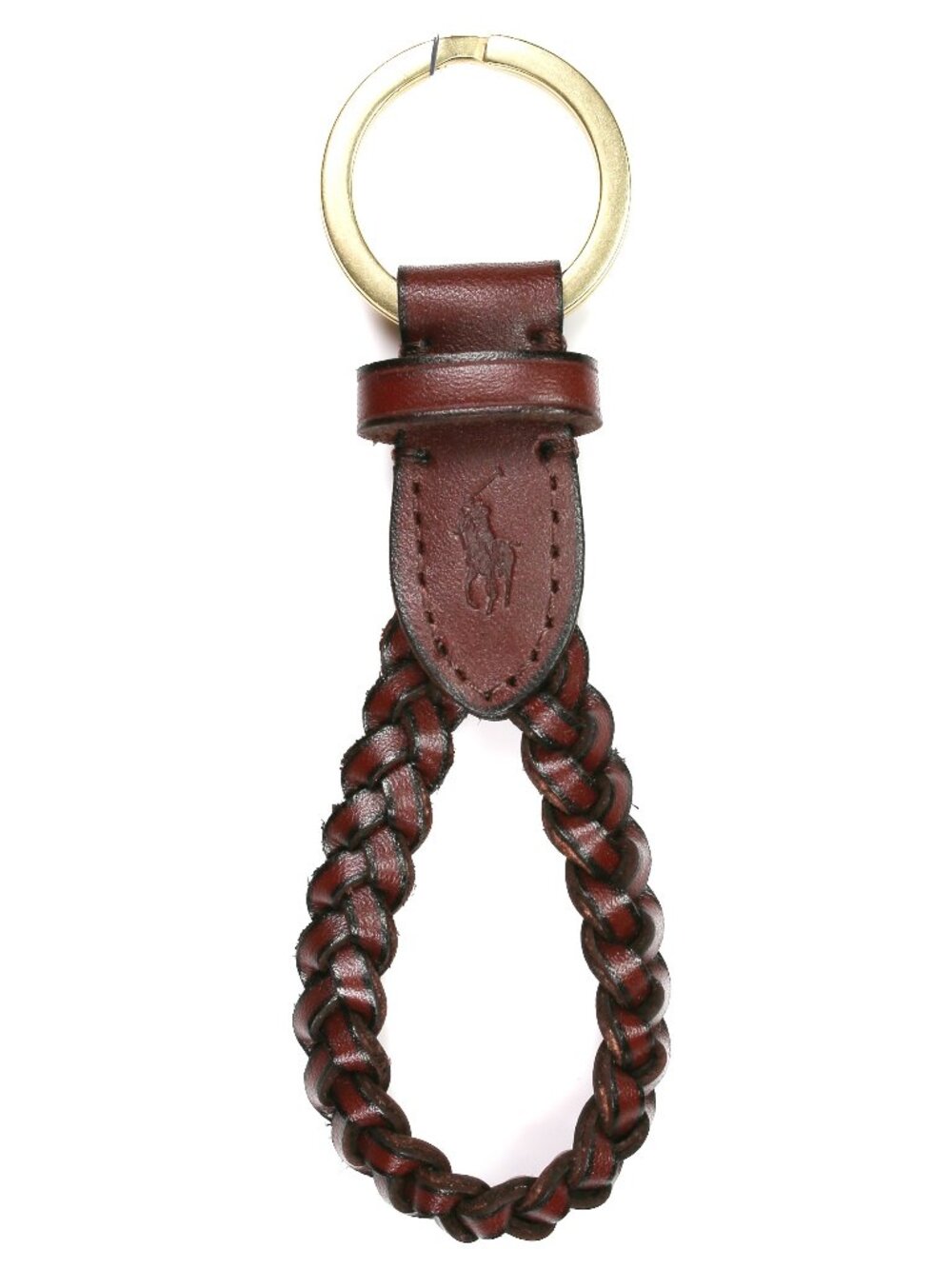 NWT Polo Ralph Lauren Braided Leather Keychain Key Fob Brown Gold Tone